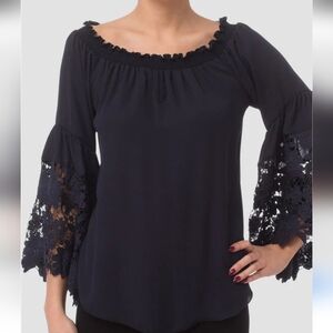 Joseph Ribkoff Black Off-Shoulder Lace Blouse